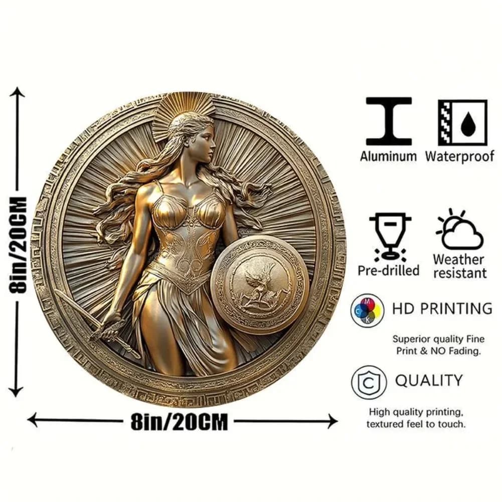 Art mural rétro de la déesse grecque Athéna, panneau rond plat en aluminium 2D avec décor d'épée et