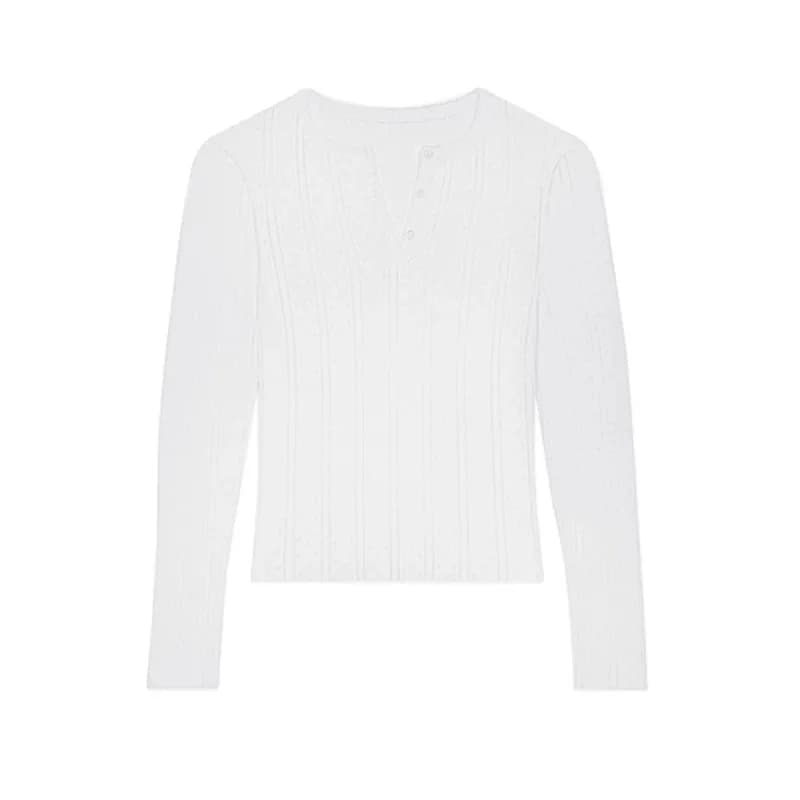 T-shirt long en coton pur jacquard, col Henry, manches longues, col en V, bicolore noir et blanc, co