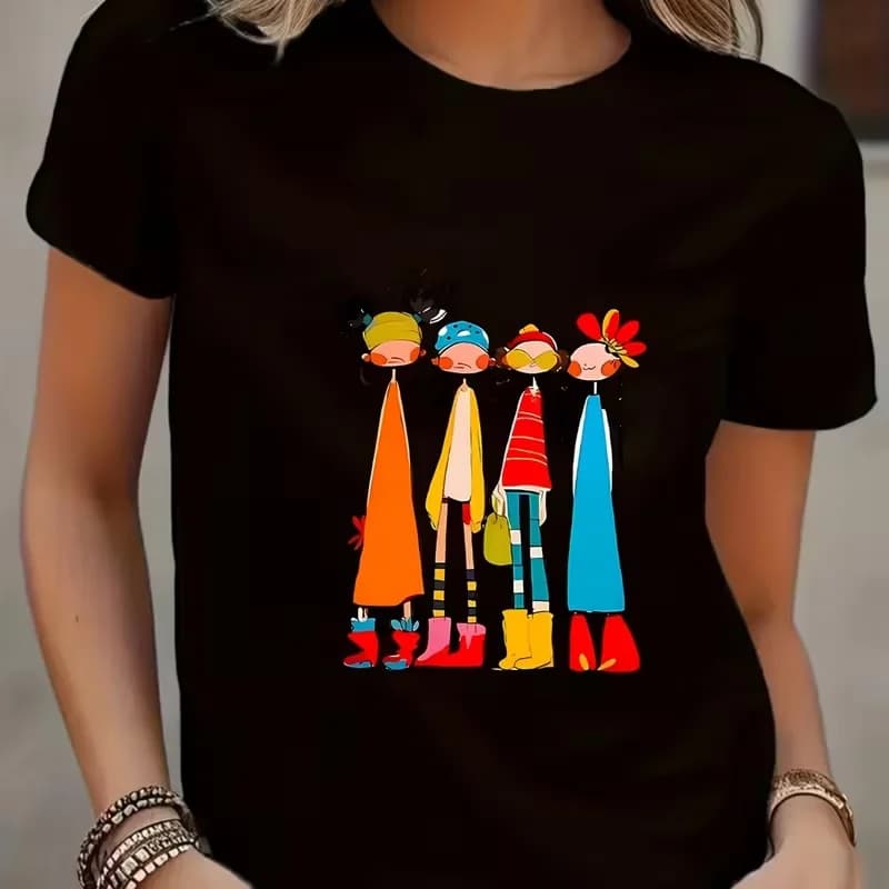 T-shirt à imprimé graphique avec illustration colorée pour femmes, haut décontracté à manches courte