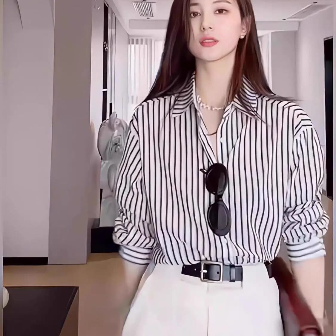 Chemises chemisiers japonais à manches longues pour femmes, chemise à rayures noires, décontracté, b