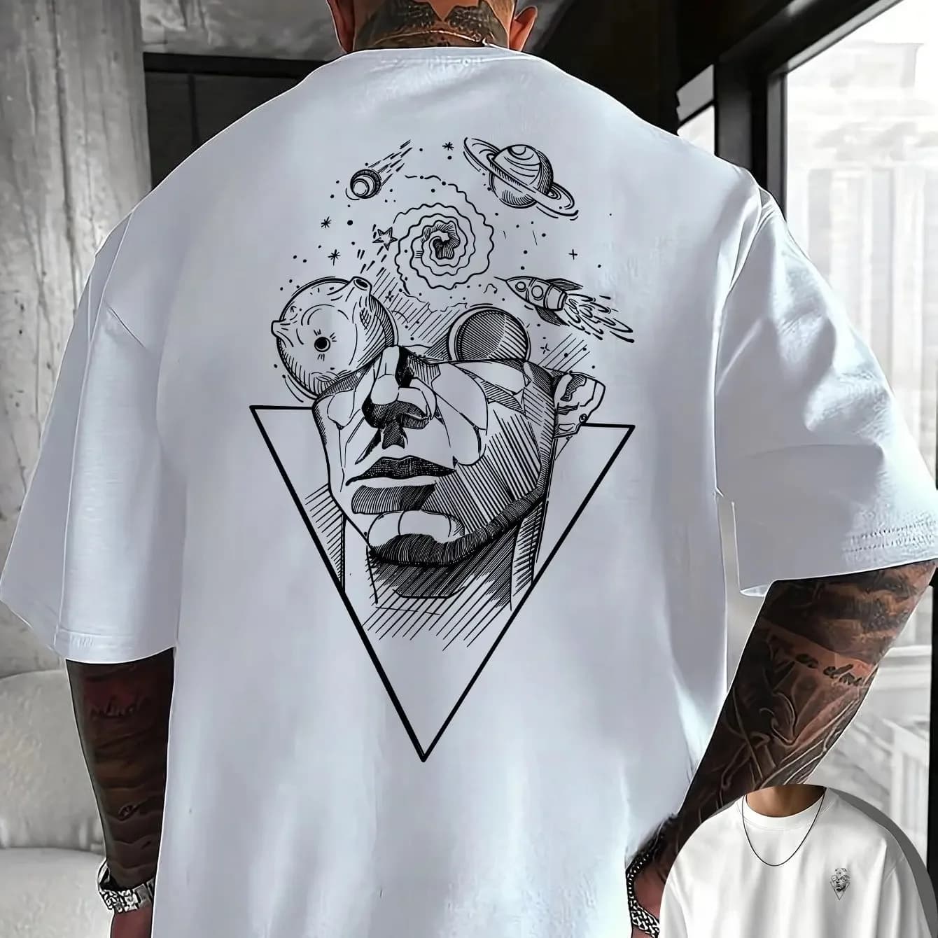 T-shirt Stellar Consciousness avec dessin doré du visage et des planètes, 100% coton, pour hommes, v