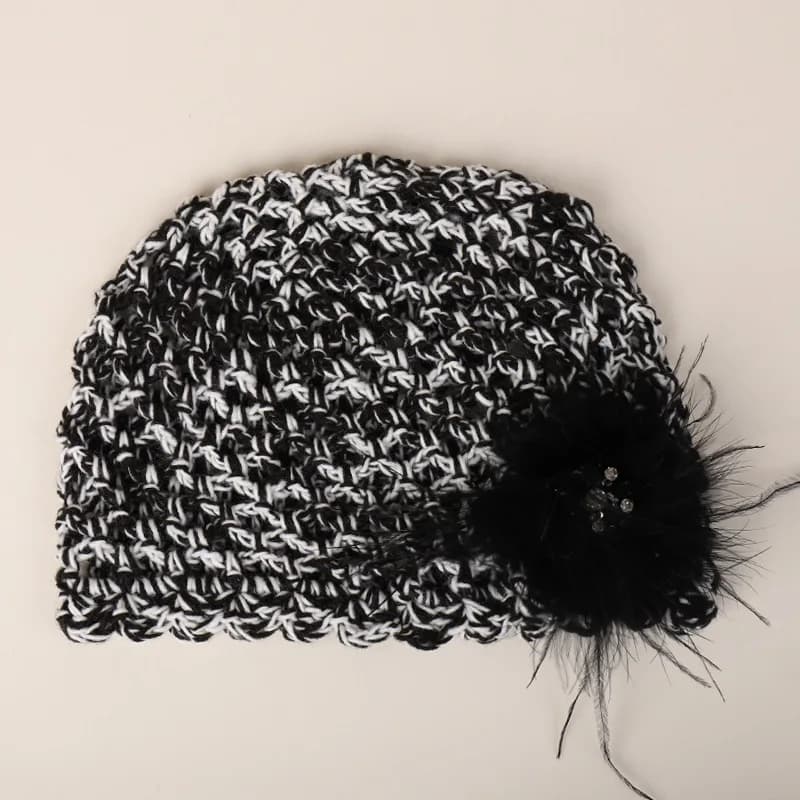 Bonnet tricoté en laine française haut de gamme, tissé à la main, avec plumes, pour femmes, nouveau