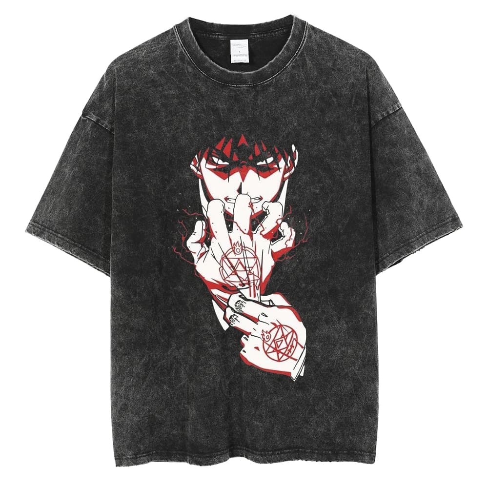 T-shirt vintage délavé Edward Elric pour homme, style rétro années 90, motif Fullmetal Alchemist, co