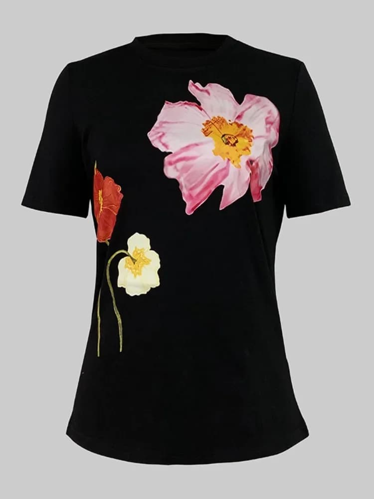 Yeezzi-Économie College floraux pour femmes, manches courtes, maigre, col rond, décontracté, mode es