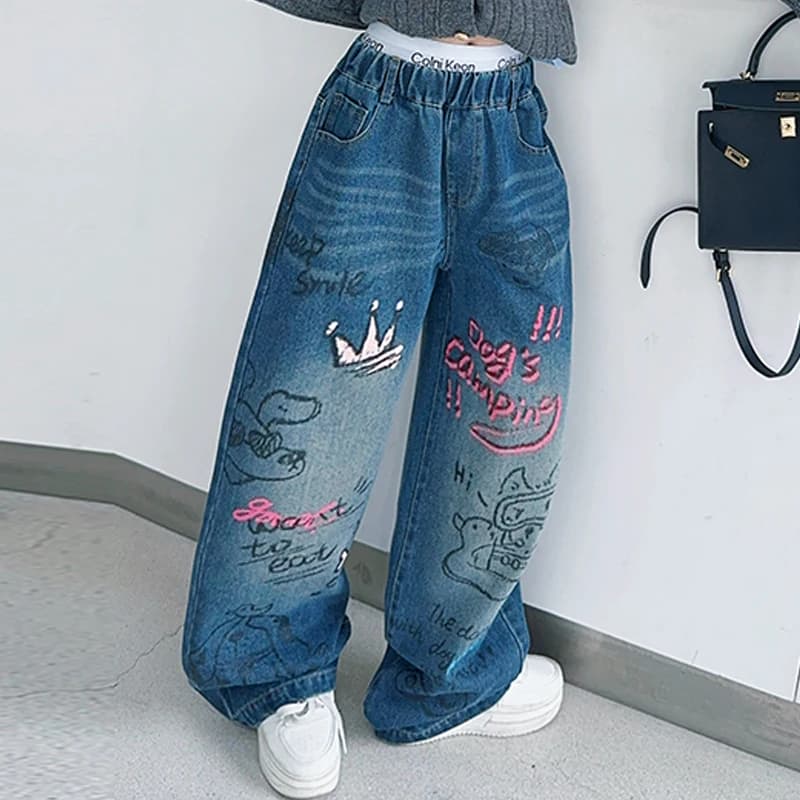 Jeans graffiti de dessin animé pour adolescentes, pantalons décontractés à jambes larges, vêtements