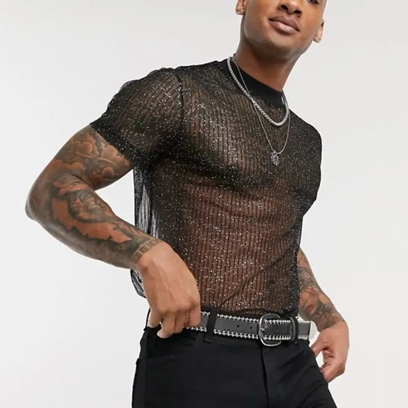 T-shirt en maille à manches courtes pour hommes, coupe cintrée, brillant, Sexy, transparent, fête, b