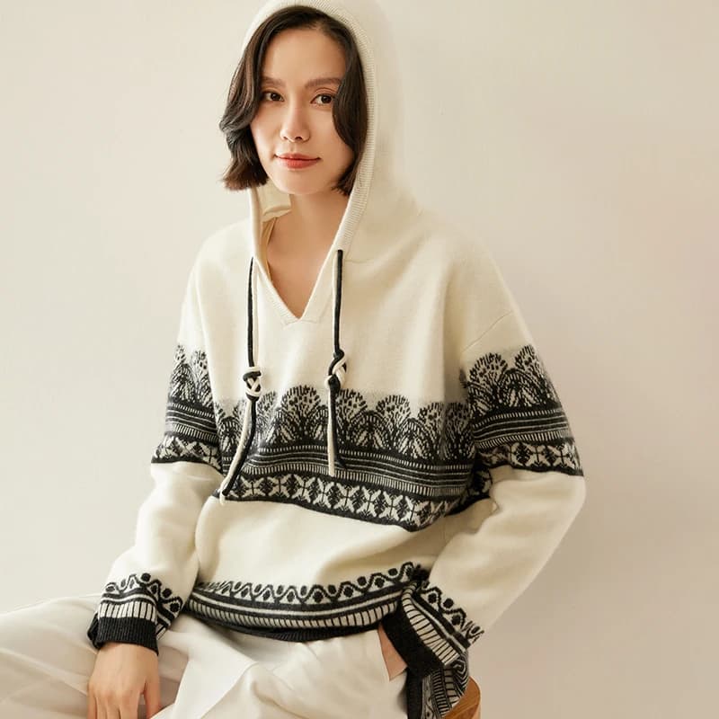 Pull en cachemire à capuche pour femme, pull ample épais en Jacquard avec laine tricotée à l'intérie