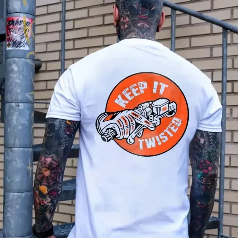 T-shirt graphique tatouage motard 2026 pour hommes et femmes KEEP IT TWISTED, motif poignée de moto,