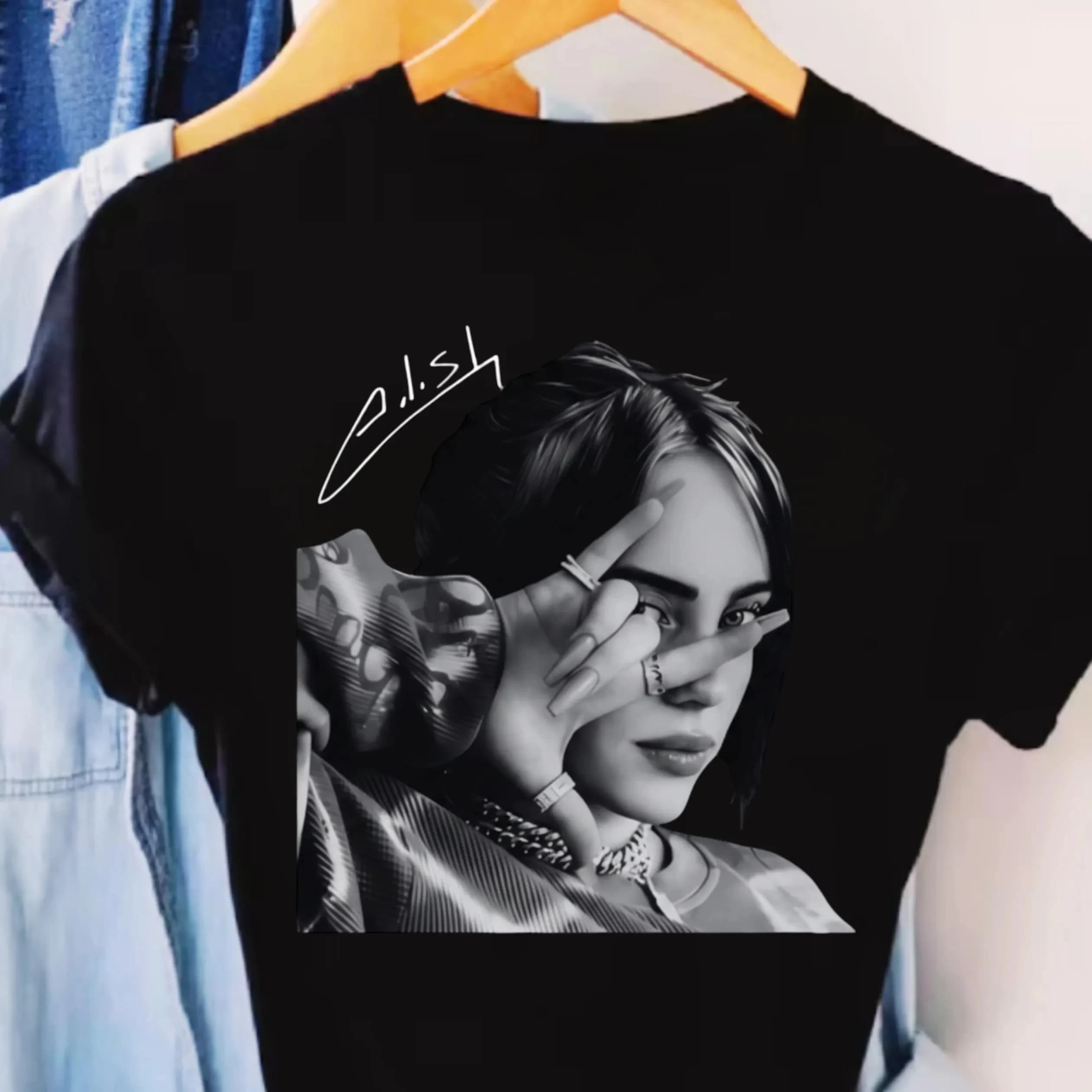 T-shirt avec portrait de la chanteuse Billie Eilish, 100% coton, t-shirt à manches courtes pour homm