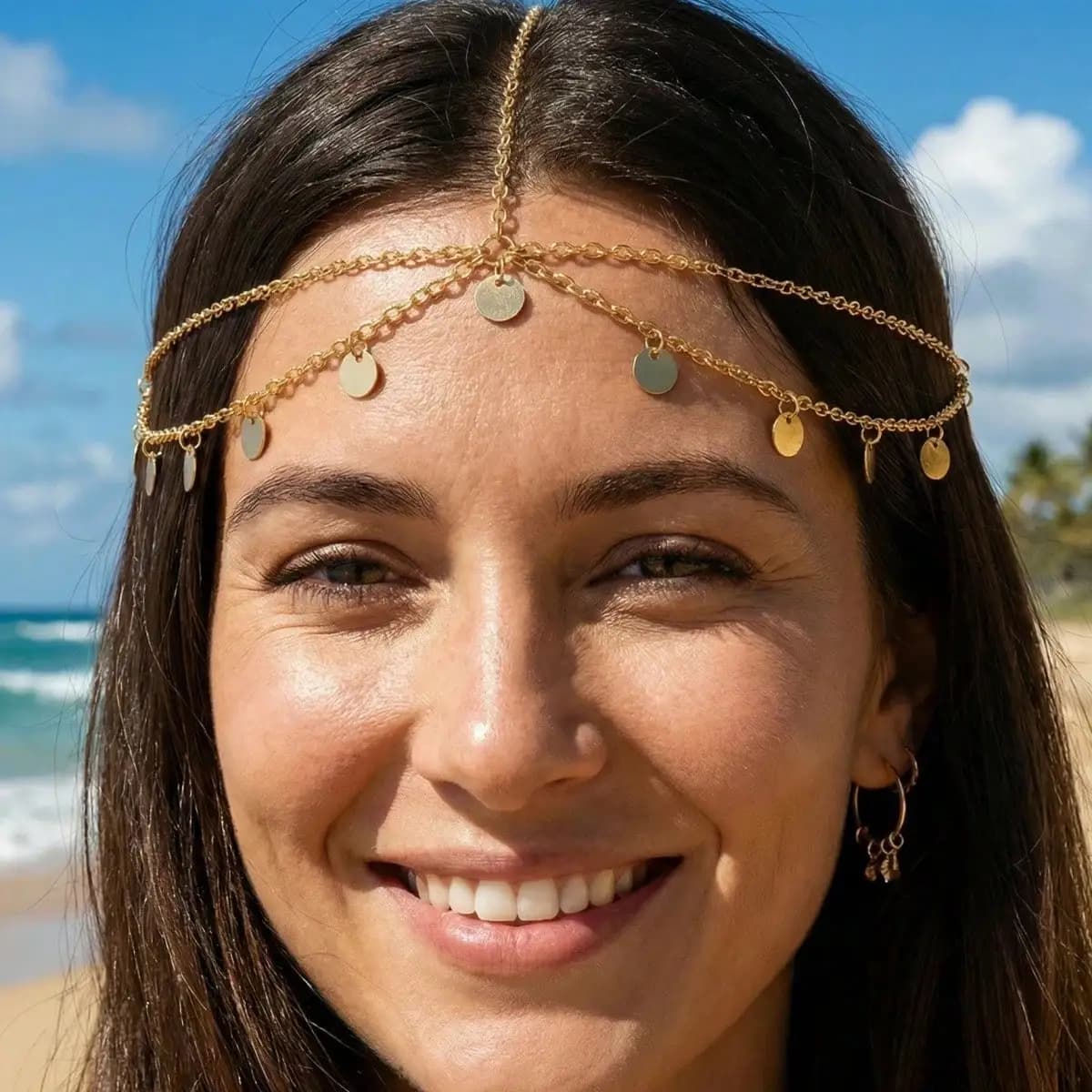 Chaîne de tête tendance en sequins métalliques dorés pour femmes, bijoux indiens simples pour la dan