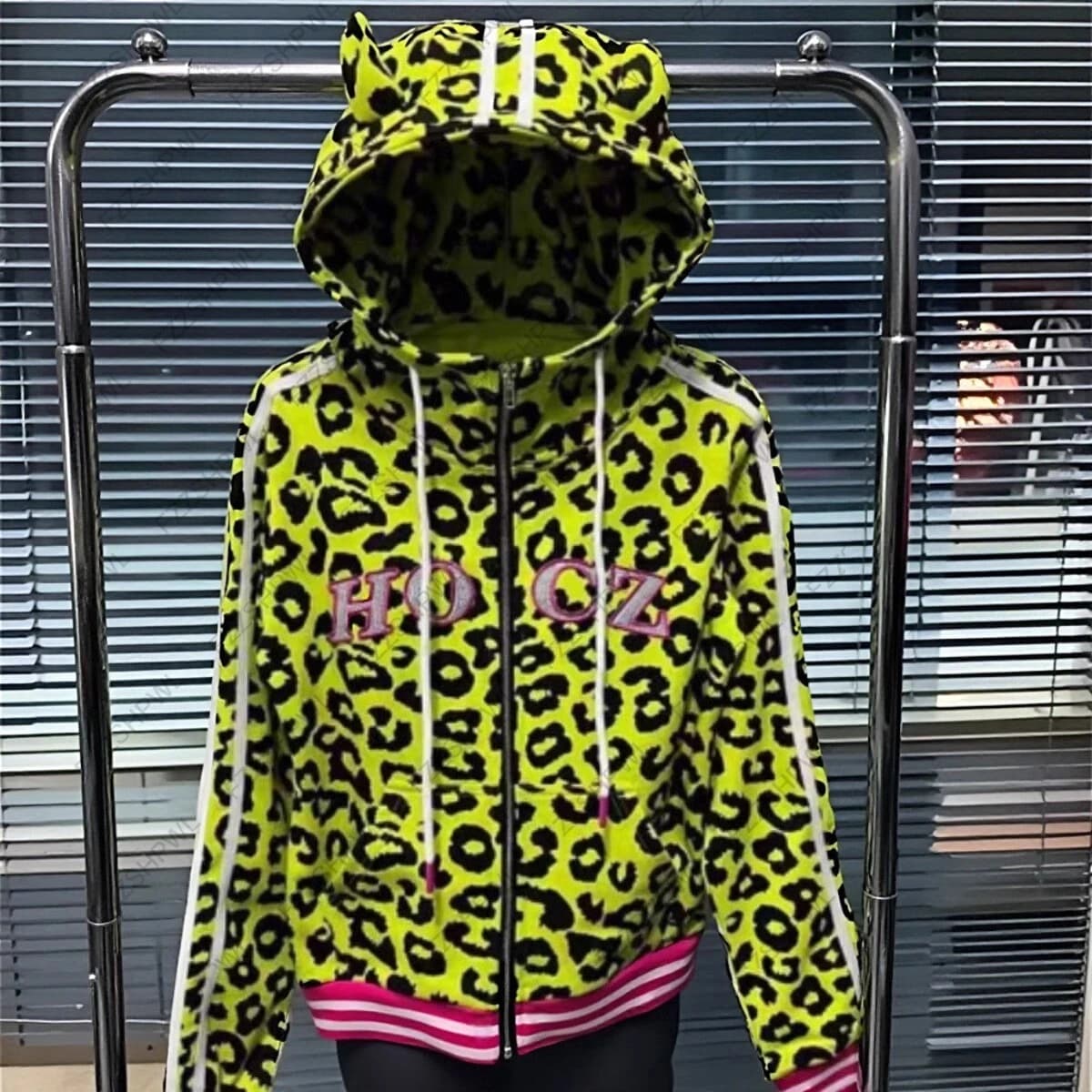 Y2k American retro Harajuku jaune imprimé léopard corne du diable à capuche sweat à capuche européen