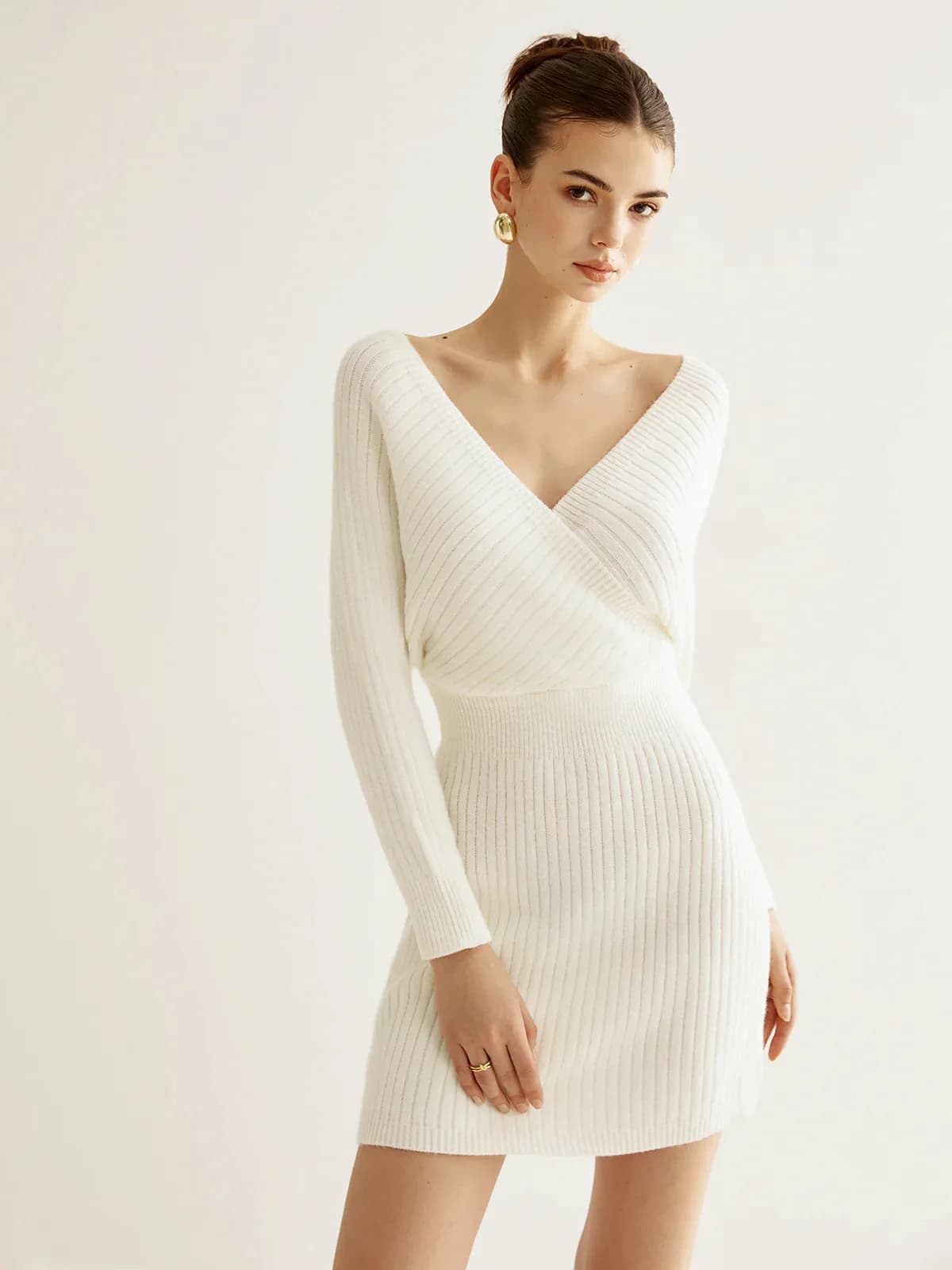 Robe tricotée enveloppée dans les hanches pour femmes, vêtements à la mode, col en v croisé, groupe 