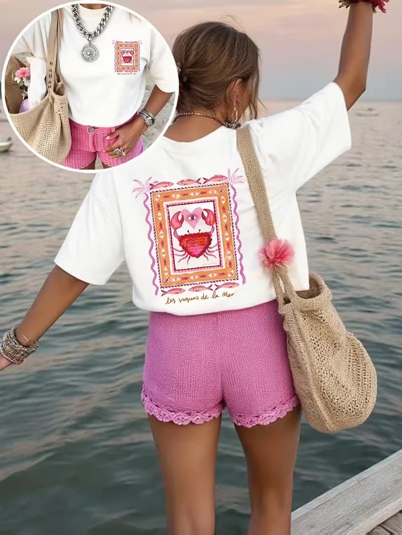 T-shirt imprimé crabe « Les Vagues de la Mer », motif avant et arrière, hauts pour femme, col rond d