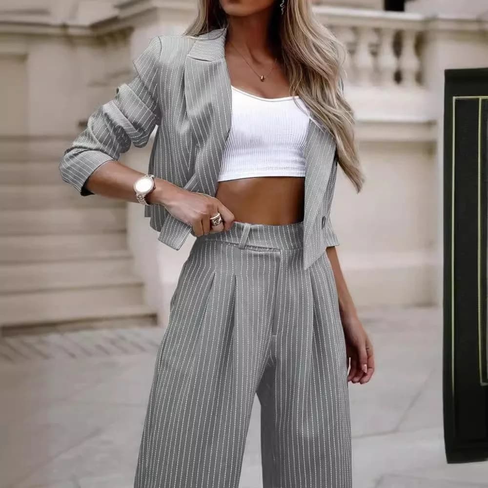 Nouveautés Printemps-Été : Ensemble tailleur-pantalon rayé à revers pour femme, style décontracté et