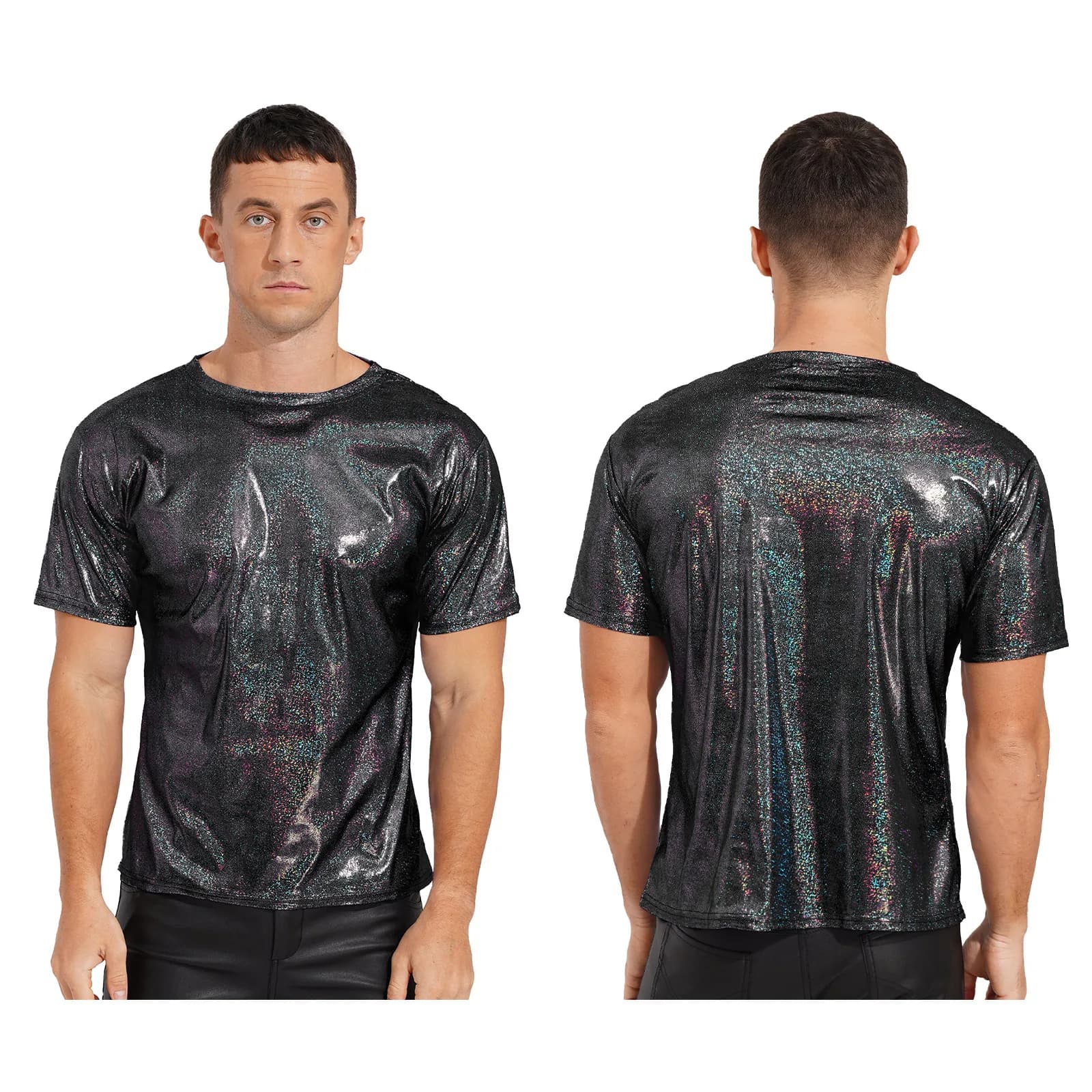 T-shirt métallique brillant pour hommes, vêtements masculins, col rond, couleur unie brillante, manc
