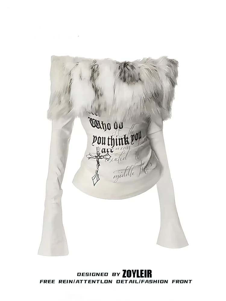 T-shirt à manches longues en fourrure graphique de luxe, style Y2K, pour femme, automne-hiver, hauts