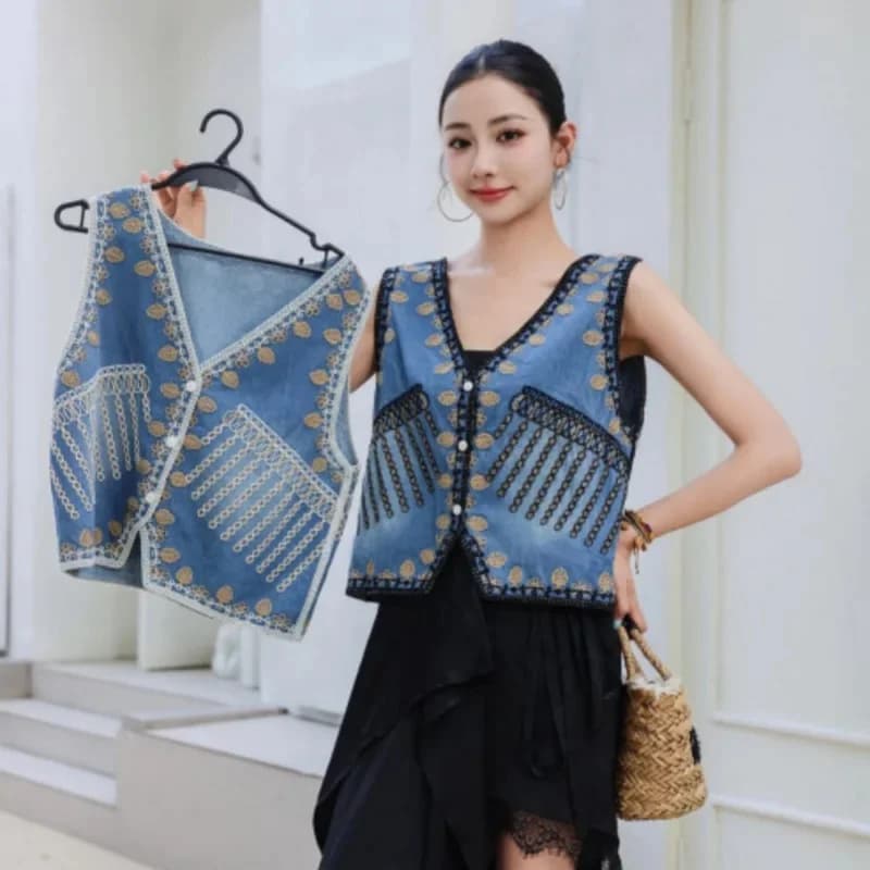Gilet en jean à col en V de style chinois, nouveau haut court sans manches à la mode pour l'été, vêt