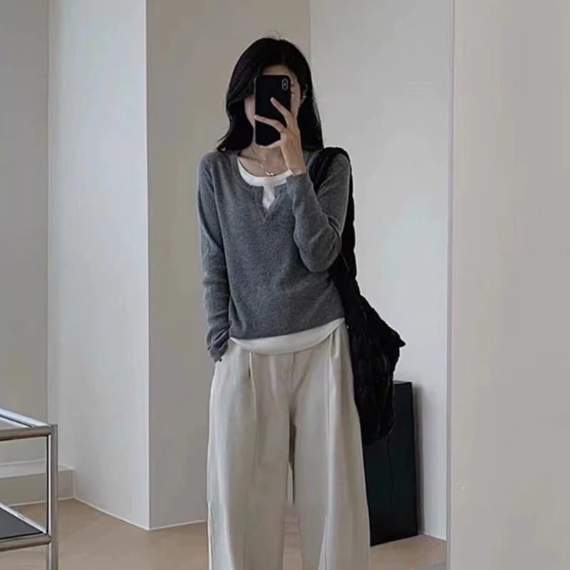 T-shirt à manches longues coupe ajustée, style coréen, avec empiècements asymétriques, pour automne