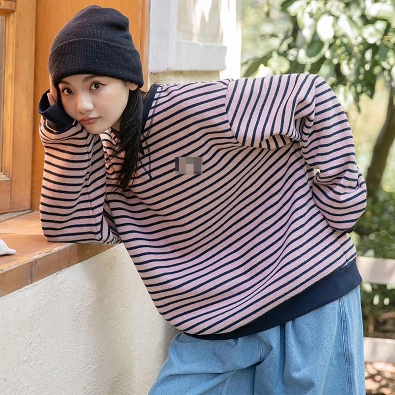 2025 hiver rétro nouveau sweat à capuche ample polyvalent rayé et velours sweat à capuche chaud pour