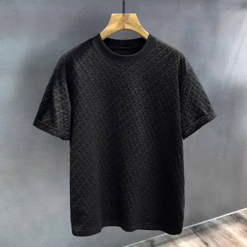 T-shirt d'été pour homme en jacquard texturé à manches courtes, col rond, ample, respirant, basique 