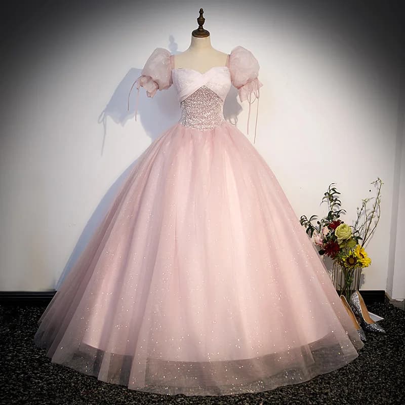 Robe de Soirée en Tulle à Paillettes et Manches Moelleuses, Tenue de Princesse, Longueur au Sol, Lig