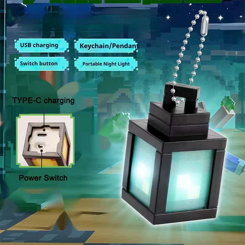 Porte-clés lanterne Minecraft, mini modèle LED lumineux, pendentif portable, décoration de sac à dos