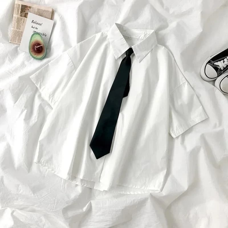 Chemise blanche pour femmes, chemisier à revers à manches courtes avec cravate, mode japonaise pour