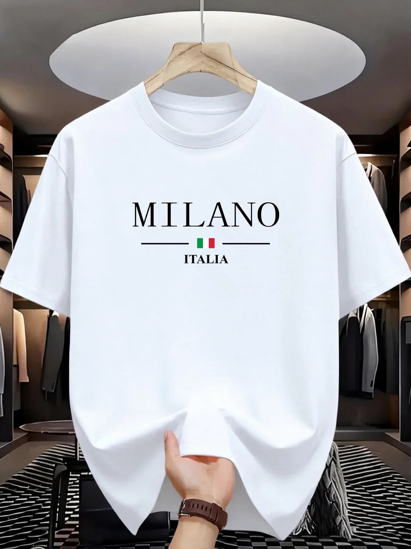 T-shirts pour hommes en polyester respirant à col rond, imprimé italien Milan, légers, à manches cou