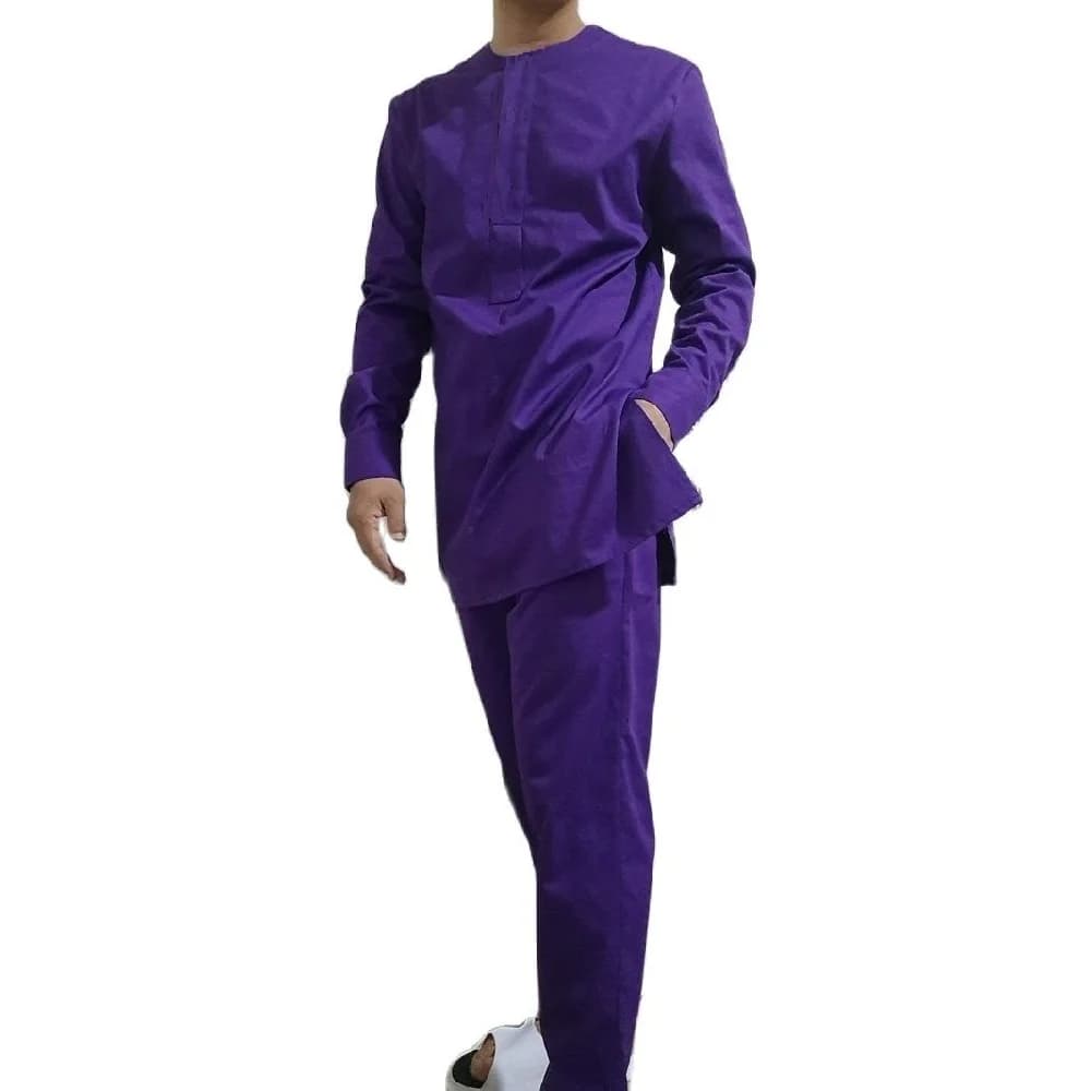 Ensemble de vêtements en coton trempé pour hommes, chemise assortie, pantalon, violet uni, occasion 