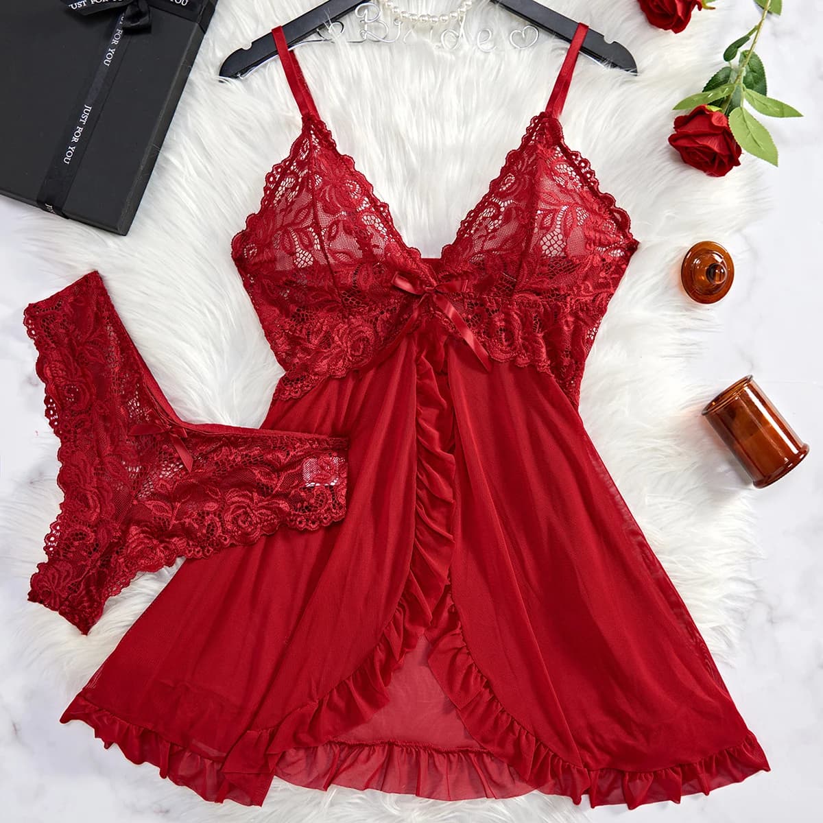 Transparent rouge Sexy Lingerie sous-vêtements pour femmes voir à travers les vêtements de nuit dent