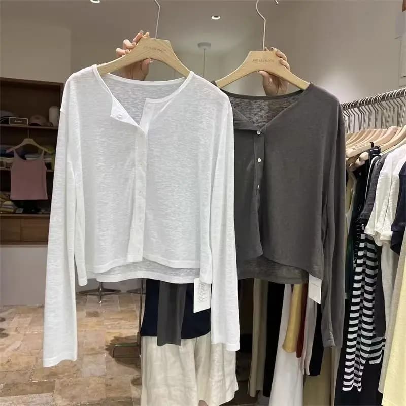 Femmes chemise à manches longues haut chemisier femme ample été Cardigan mince Sexy couleur unie che