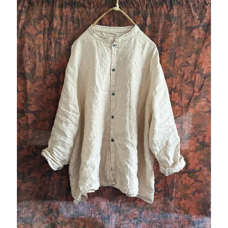 Femmes à manches longues chemise en lin nouveau 2025 printemps Style Vintage col montant couleur uni
