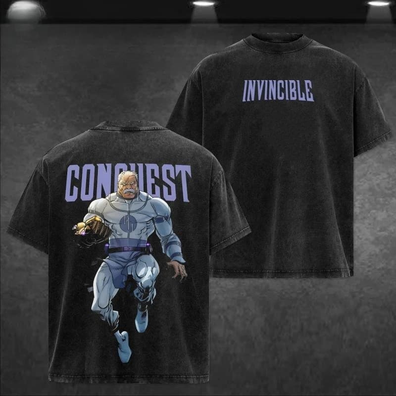 Conquête Invincible T-shirt imprimé pour hommes et femmes, style rétro, délavé, en coton, surdim