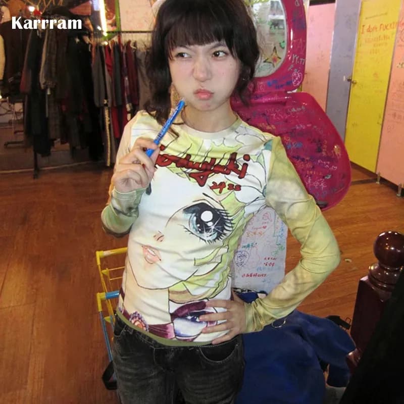 Karrram japonais Y2k Anime imprimé T-shirt 2000s esthétique à manches longues T-shirt Vintage Haraju