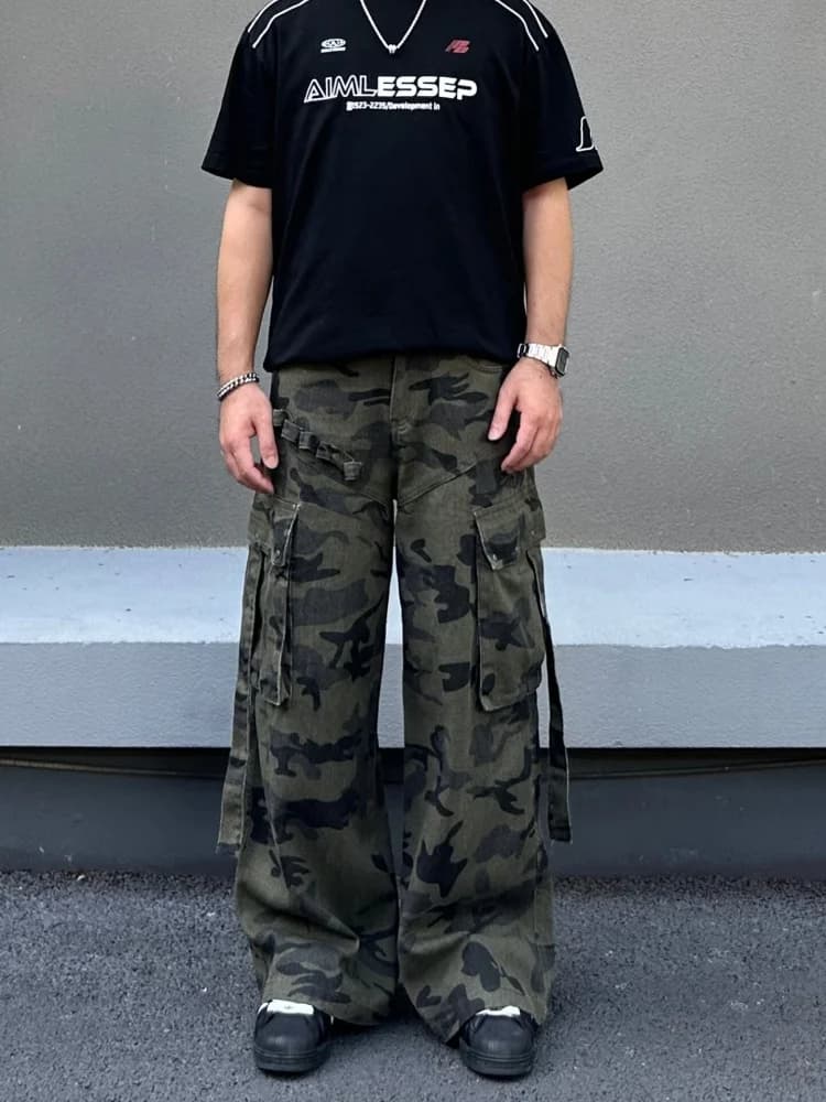 Nouveau Jean Cargo Baggy Camouflage Streetwear Cyber Y2K 2026 pour Homme – Coupe Droite Multi-Poches