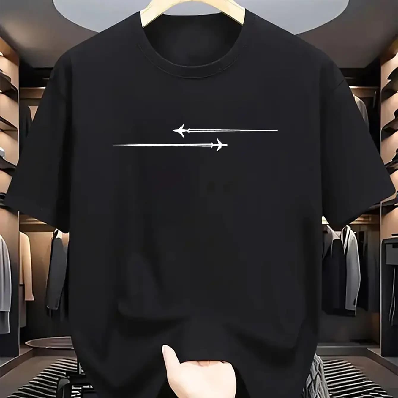 T-shirt à manches courtes et col pour hommes, 100_ coton, décontracté, ample, grand motif d'avion cr