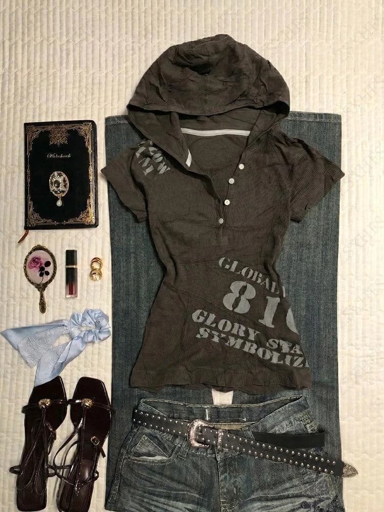 T-shirts à capuche gothiques Y2K avec motif lettres, marron, manches courtes, style punk, grunge, st