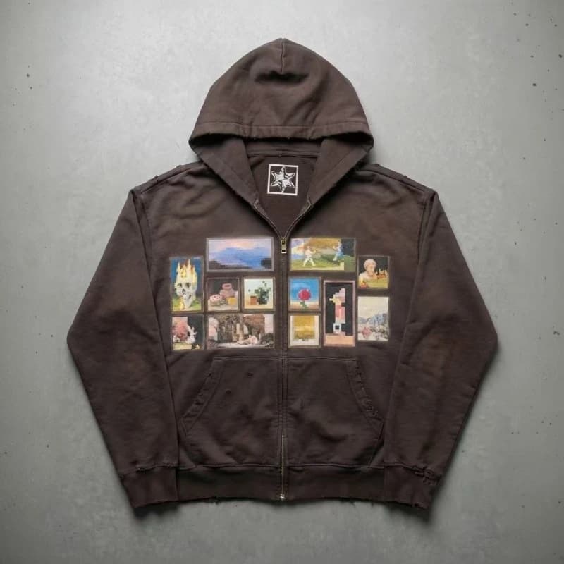 Sweat à capuche zippé Y2K Grunge Rétro Pixel Art Gallery Print pour Hommes et Femmes, Marron Délavé 