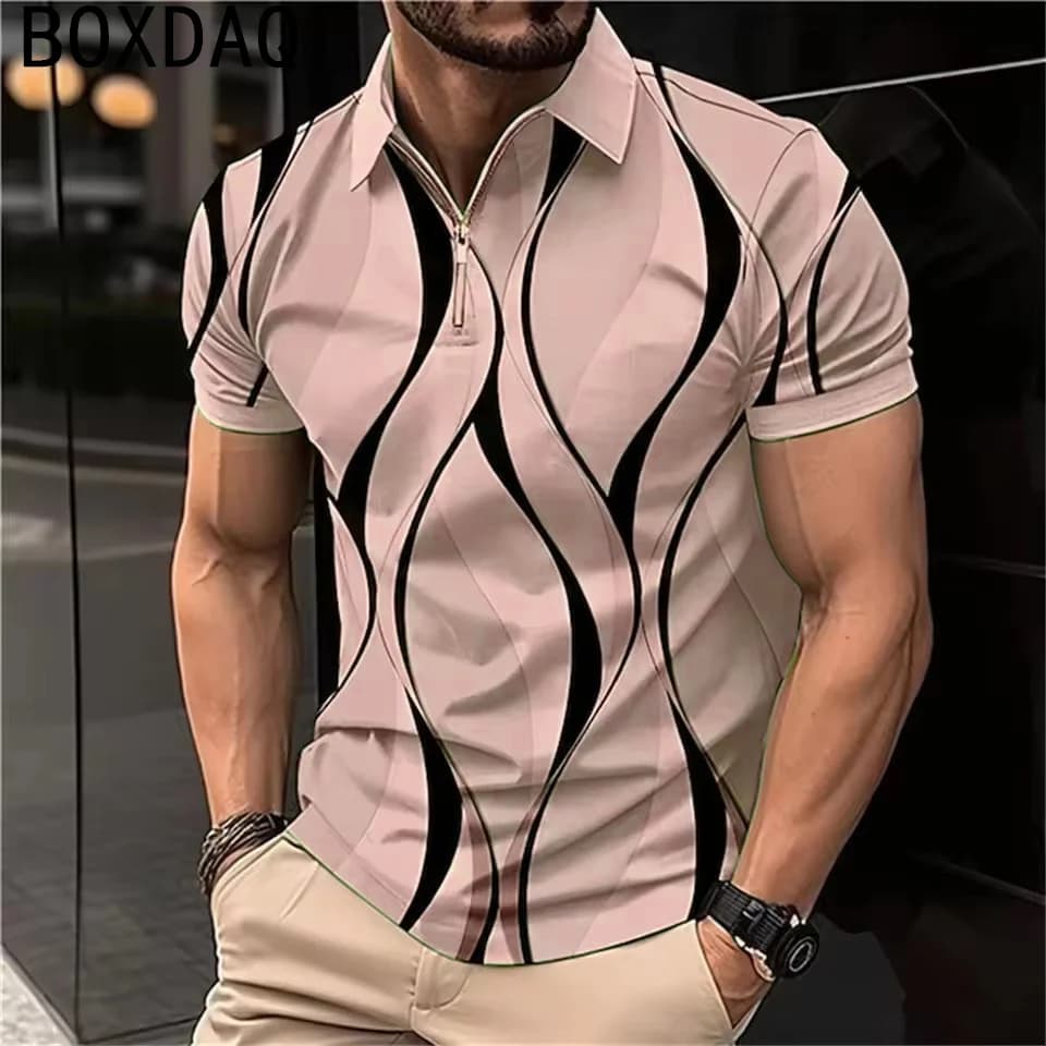 Polo d'été à manches courtes pour hommes, fermeture éclair, revers, sport de Golf, mode, géométrie 3