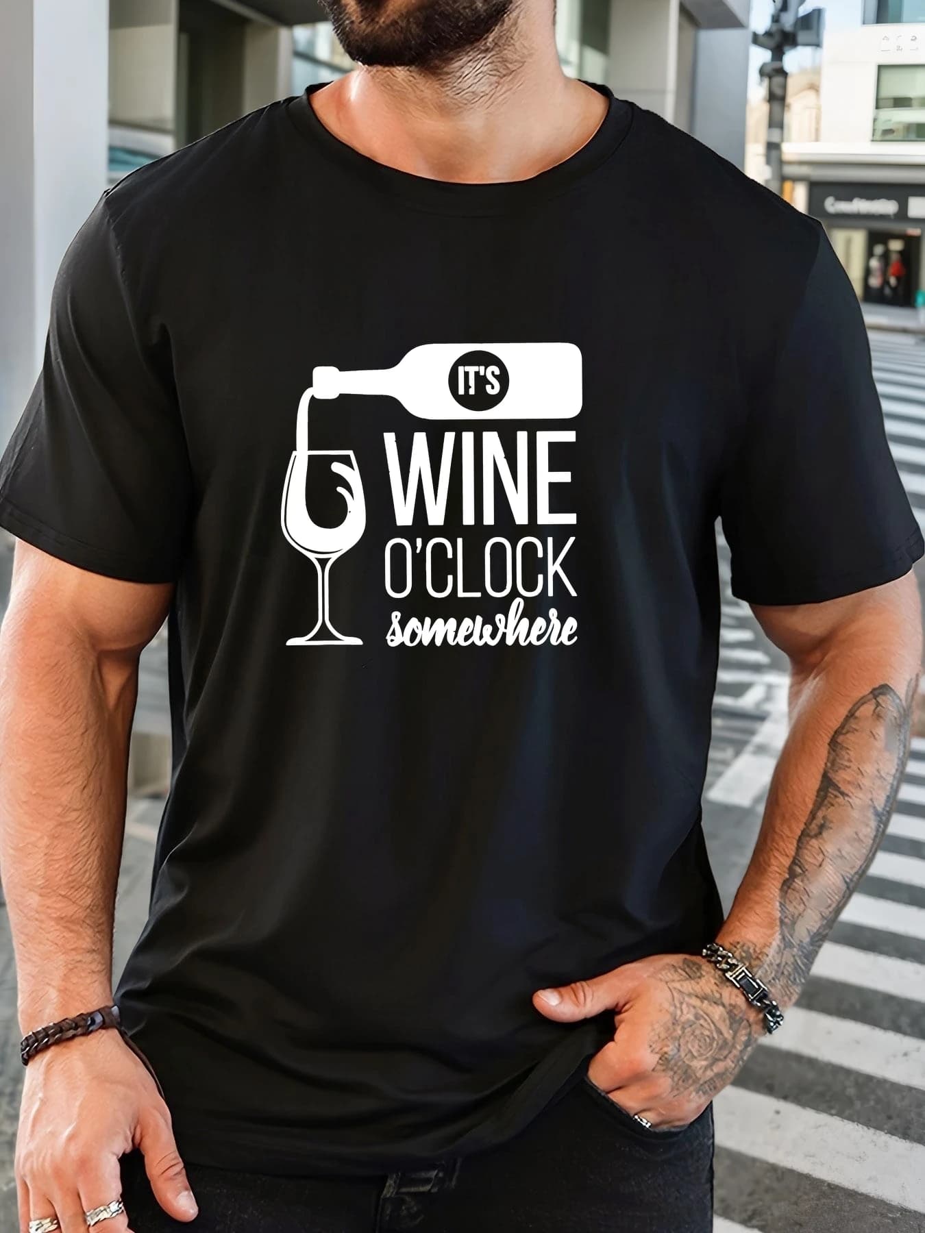 T-Shirt homme 2025 nouveauté thème vin spirituel graphique «IT'S WINE O'CLOCK» imprimé blanc haut él