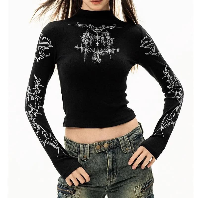Grunge femmes T-Shirt Y2k esthétique col mi-haut t-shirts imprimé graphique à manches longues hauts 