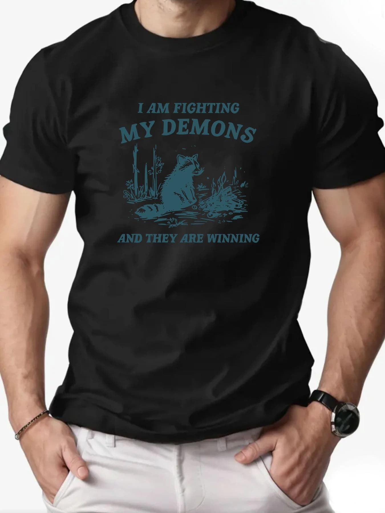 2025 T-Shirt pour hommes "Je combattre mes démons" Humoristique Graphique de raton laveur Respirant