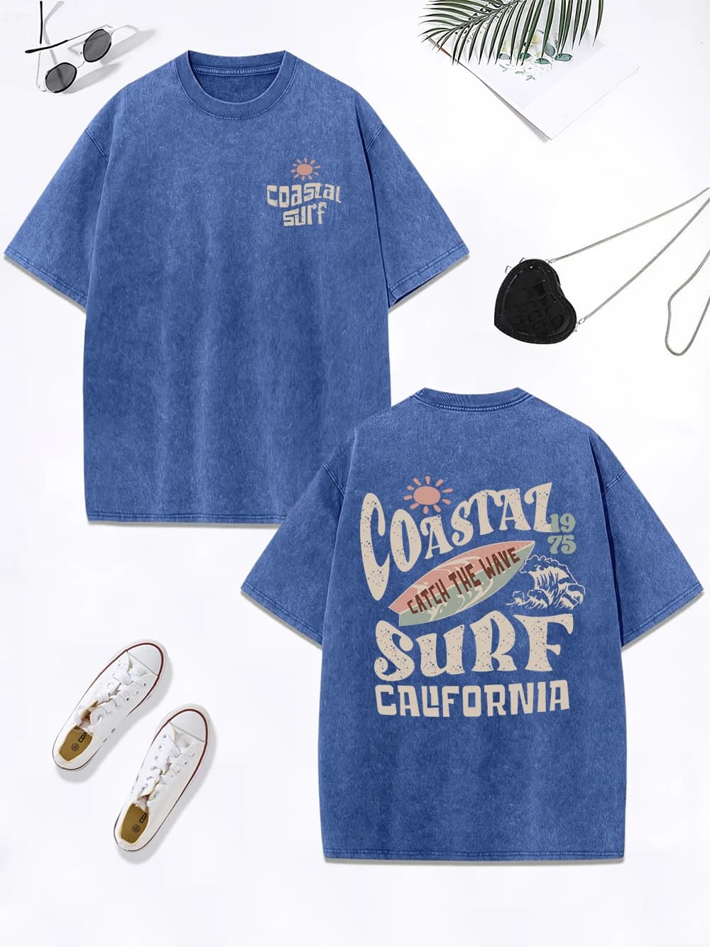 Surf côtier attraper la vague californie imprime lavé T-Shirt femmes coton surdimensionné hauts en d