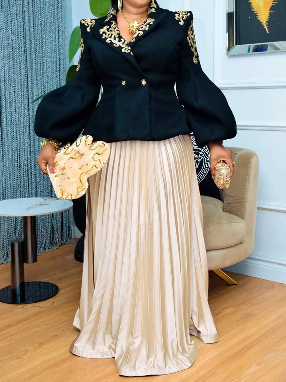 Vêtements africains pour femmes, 2 pièces, hauts à manches longues assortis et jupe plissée, Robe de