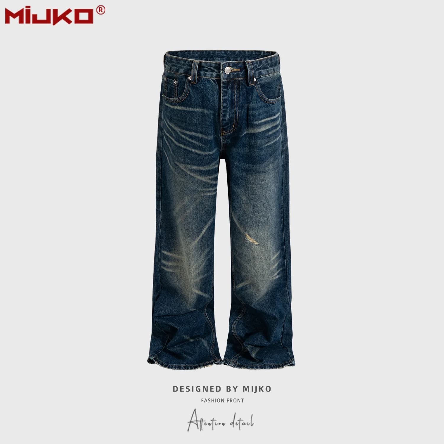 MIJKO Jeans Américains Rétro Effet Moustaches de Chat Unisexe Délavé et Vieilli Coupe Large Bleu Pan