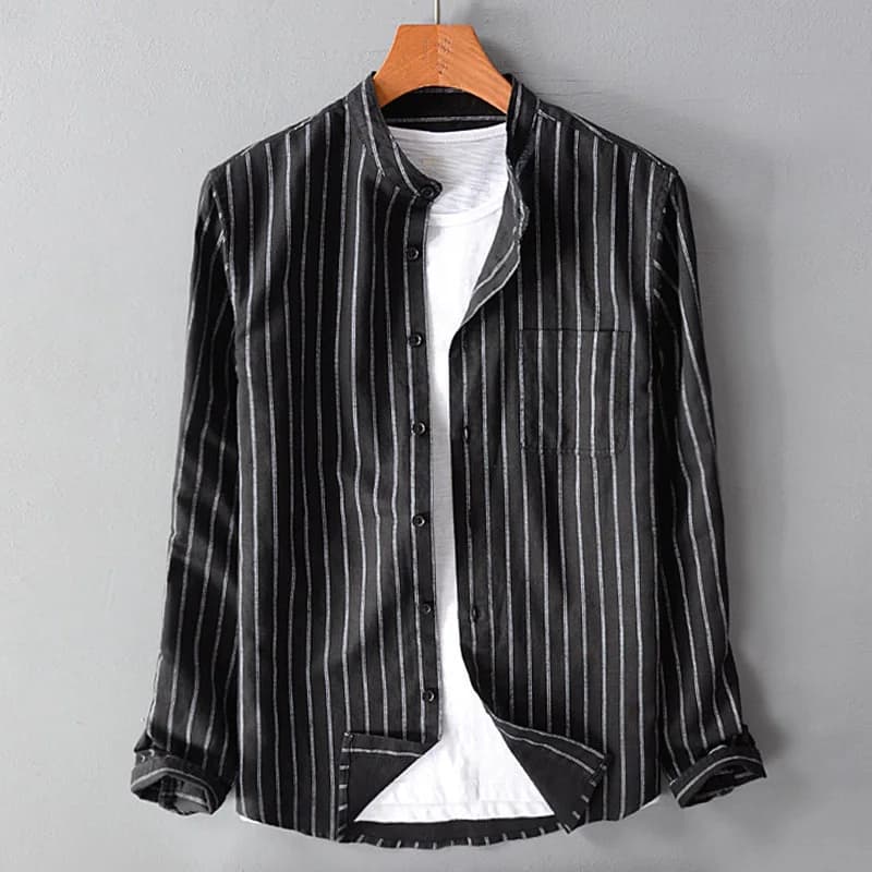 Chemises en coton et lin à rayures de style britannique pour hommes, manches longues, col montant, m