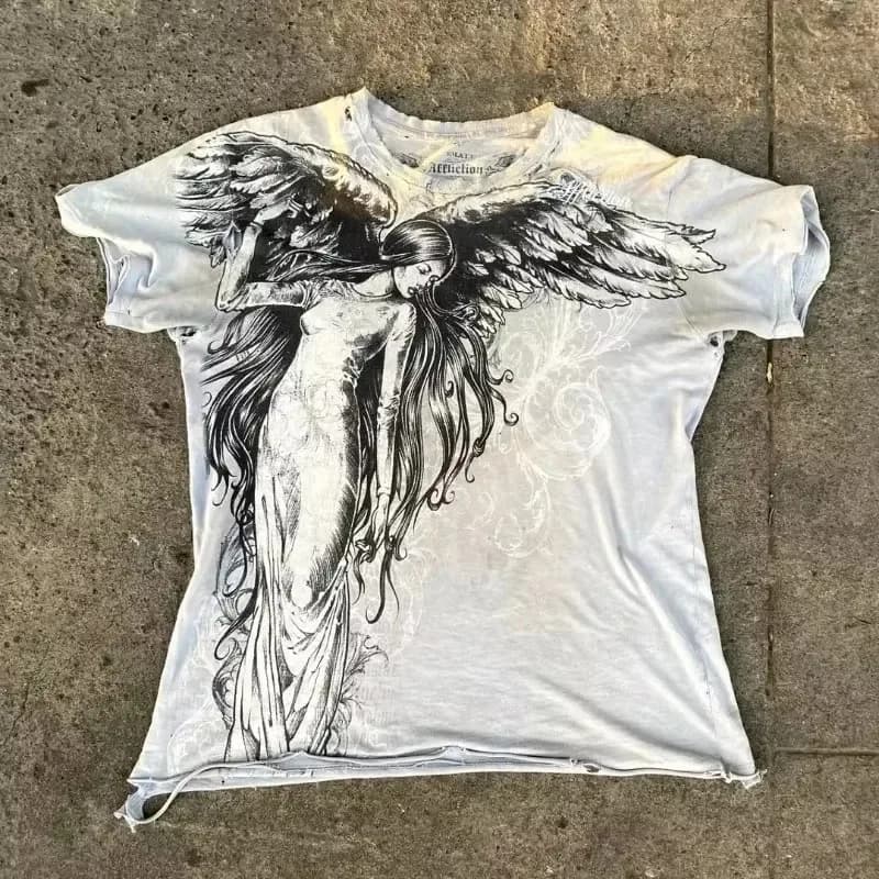 Graffiti Style gothique T-Shirt hommes américain Vintage multi-éléments haute rue surdimensionné cot