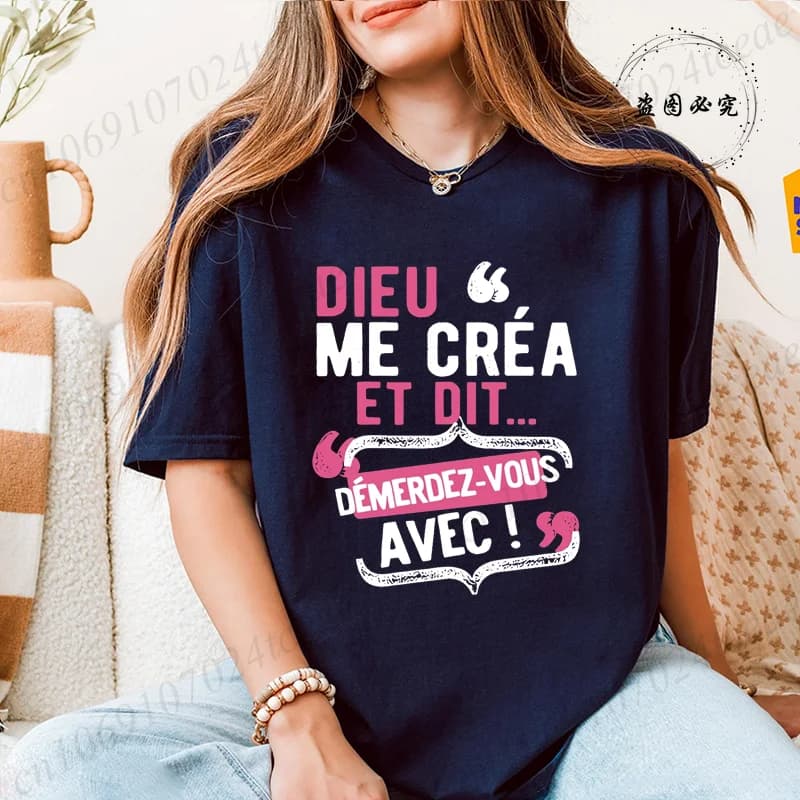 T-shirts pour femmes T-shirt décontracté à col rond avec citation française "Dieu Me C'est Mon Saint