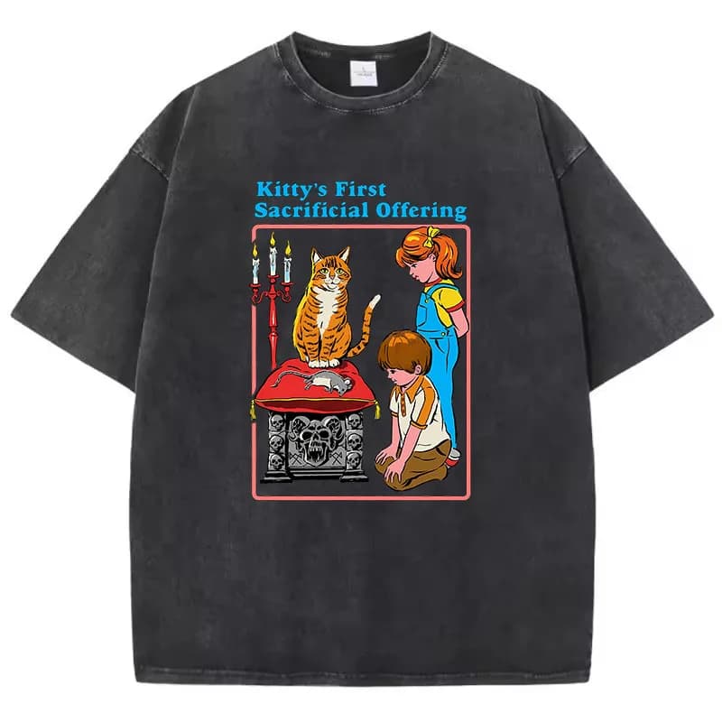 T-shirt Gothique Vintage Délavé 100% Coton avec Motif Chat de Bande Dessinée – Décontracté Streetwea