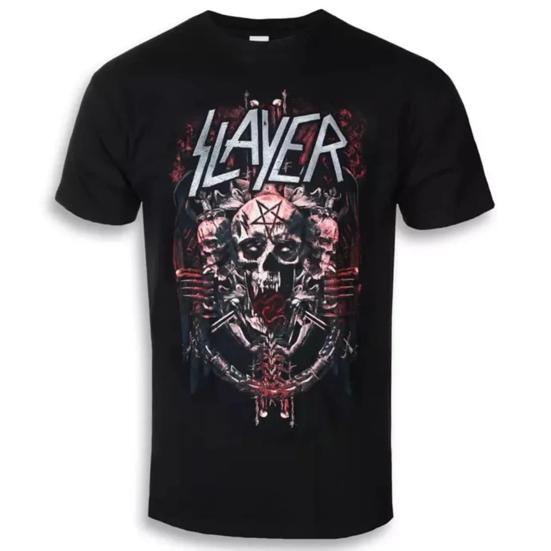 T-shirt en coton avec impression inspirante Slayer - Hell Awaits Tour, style streetwear décontracté,